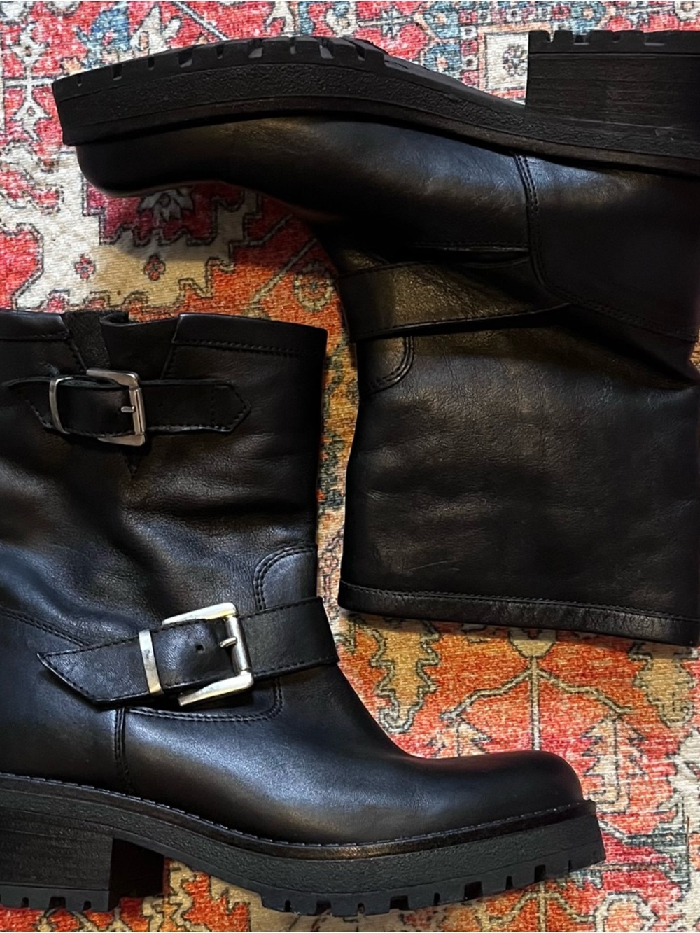 Black Women's Combat Moto Boots - Sleek Buckle Design